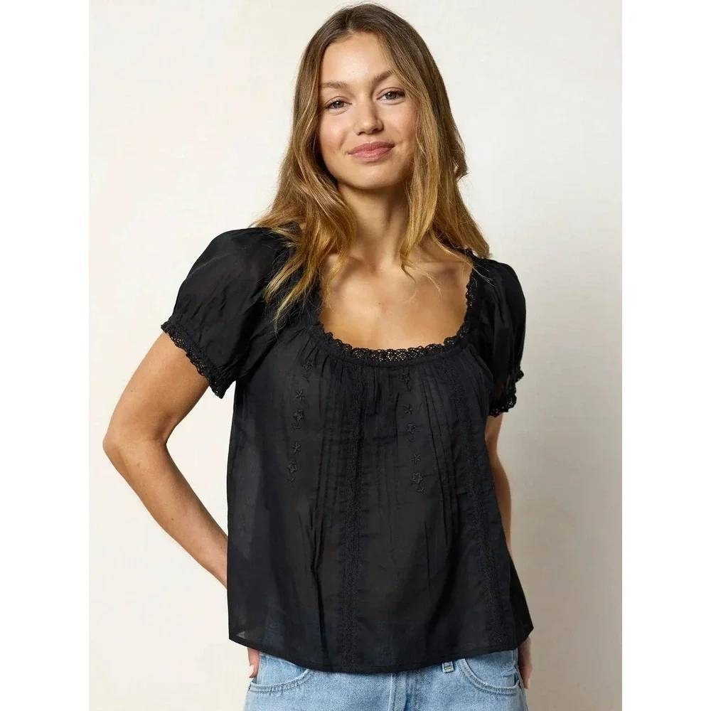 Natural Life Sweet Nothings Embroidered Cotton Puff Sleeve Top Black M